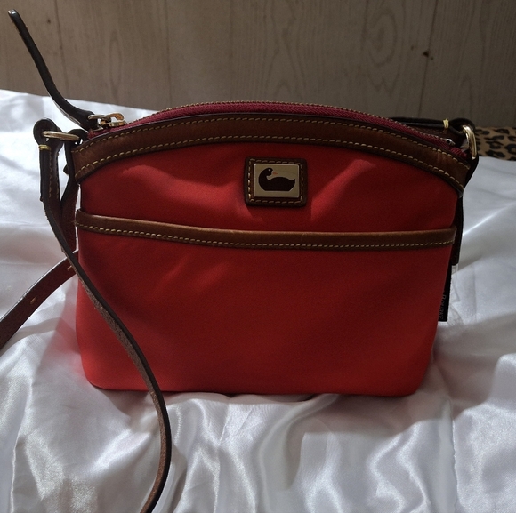 Dooney & Bourke Red and Brown Shoulder Bag, Leather Trim - Picture 2 of 5